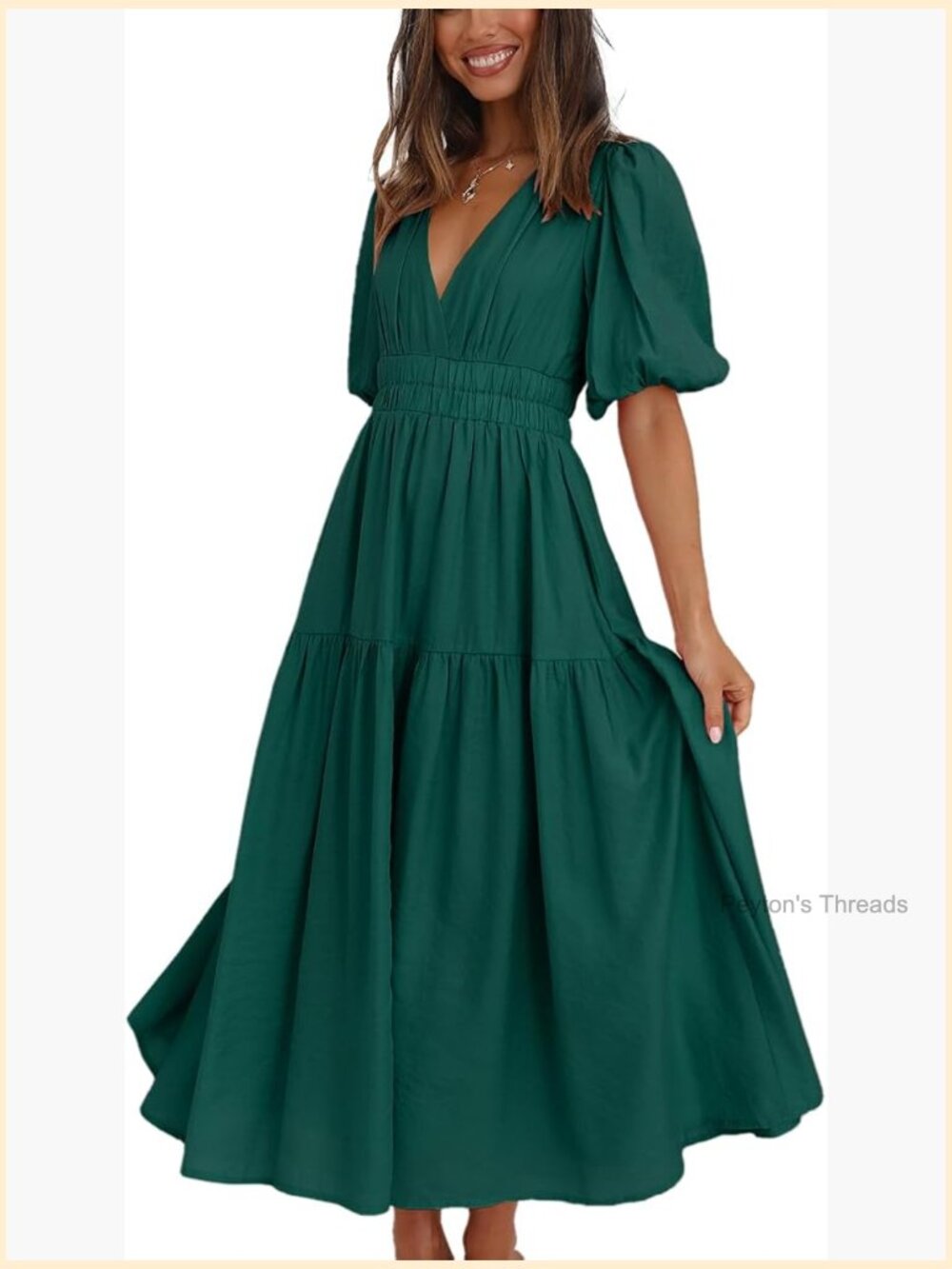 Deep V Neck Puff Short Sleeve Maxi Dress Flowy Tiered Boho Summer Dress - Picture 1 of 7